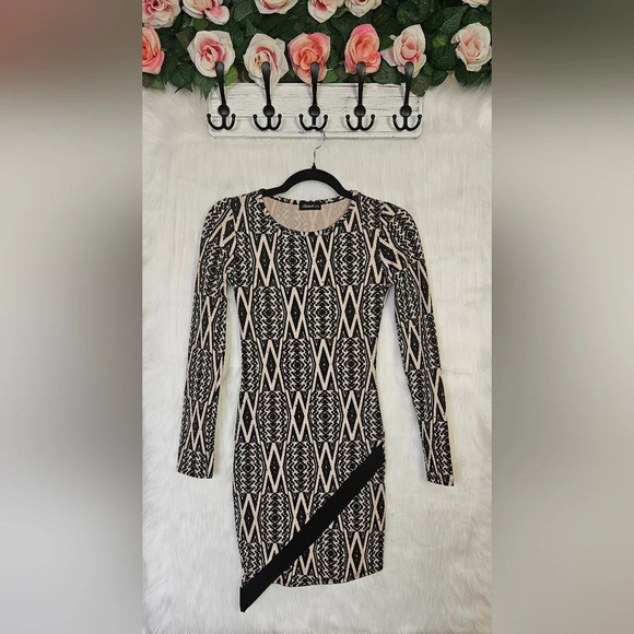 Seduction Geometric Bodycon Asymmetrical Dress w/ Velvet Accent - Picture 1 of 7